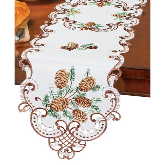 Pinecone Table Runner Embroidered Scrolling Cutwork Edge Brown Green on White - Picture 1 of 2